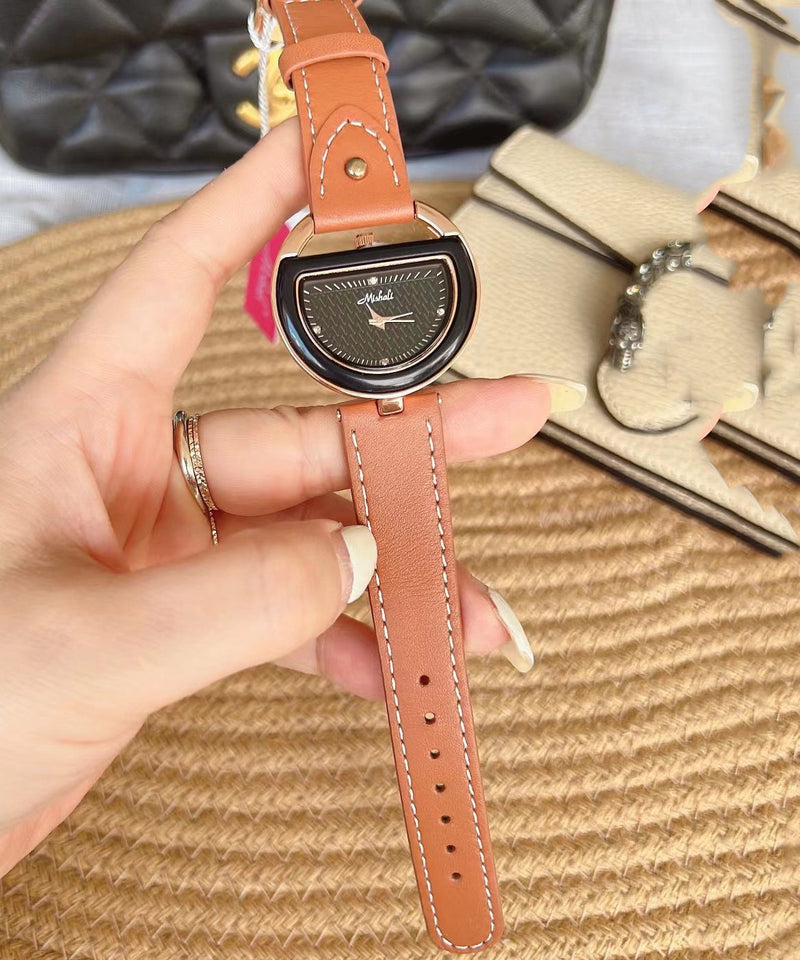 Brown Leather Alloy Hardlex Crystal Semicircle Watches