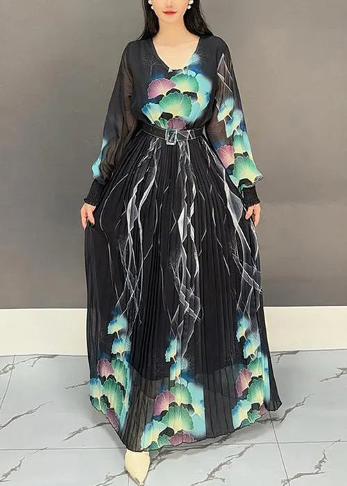 Black Print Sashes Long Dresses V Neck Fall