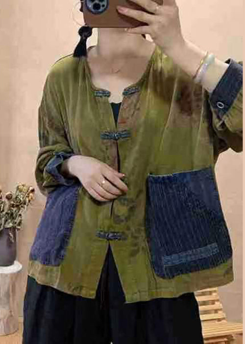 Navy Button Print Pockets Cotton Tops Fall