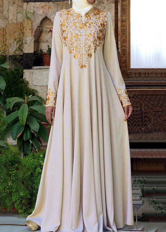 Light Grey O-neck Print Cotton Dress Long Sleeve