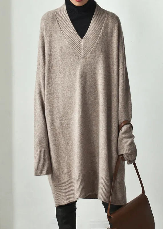 Khaki V Neck Oversized Knit Sweater Dress Spring