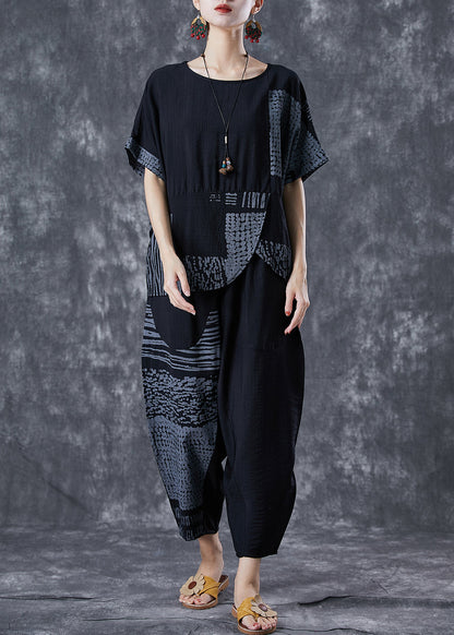 Grey Asymmetrical Patchwork Cotton 2 Piece Outfit Summer