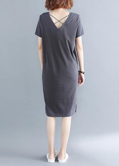 Grey V Neck Vacation Summer Cotton Dress