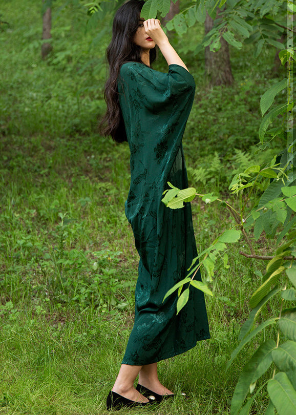 Green V Neck Jacquard Silk Robe Dresses Batwing Sleeve