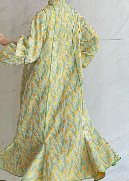 Yellow Green Embroidered Button Silk Maxi Dresses Spring