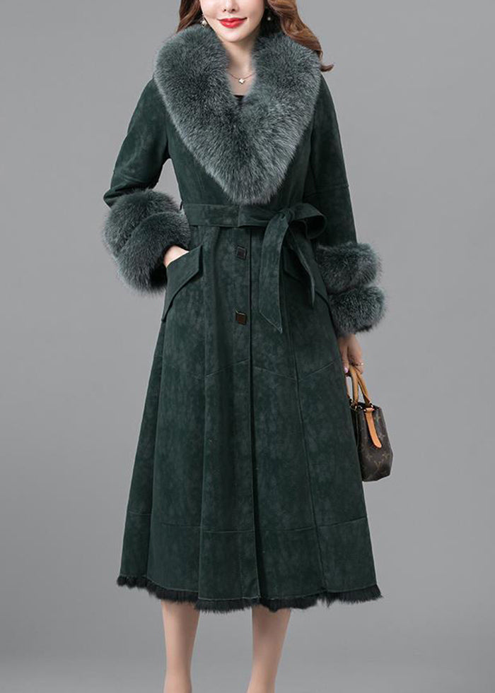 Blackish Green Slim Fit Faux Rabbit Leather and Fur Coats Winter
