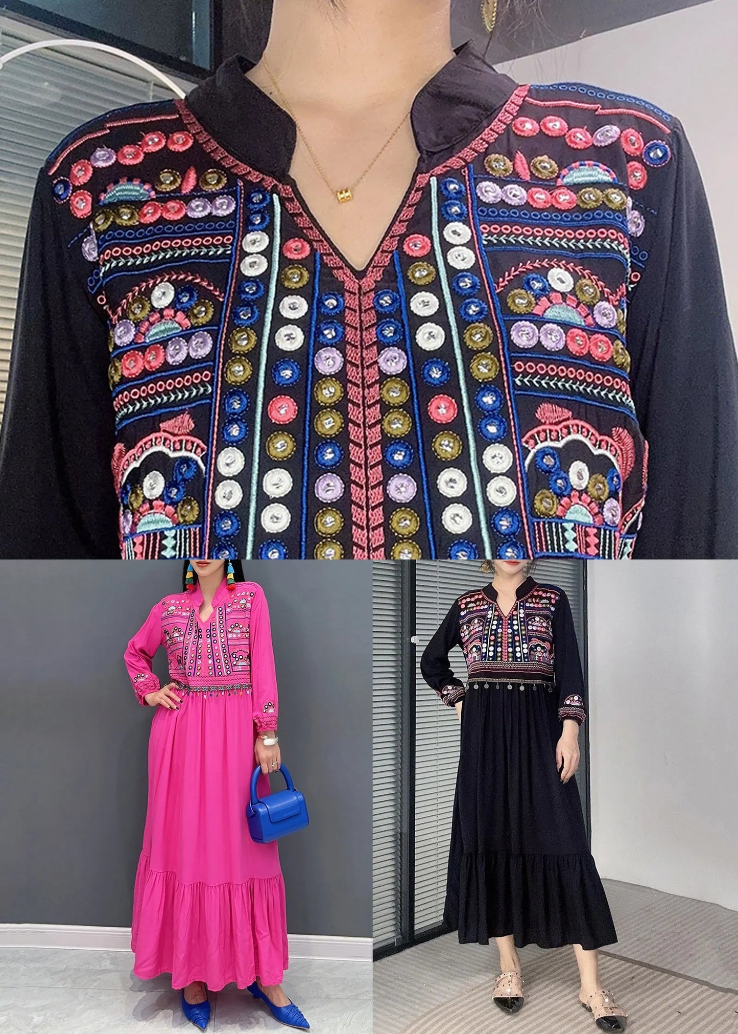 Black Tasseled Cotton Long Dress Embroidered Long Sleeve