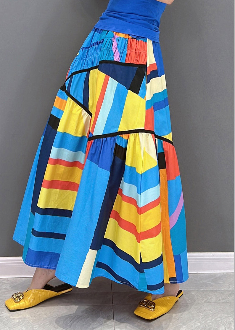 Loose Multi Striped Wrinkled Patchwork Pockets Elastic Waist Skirt Summer