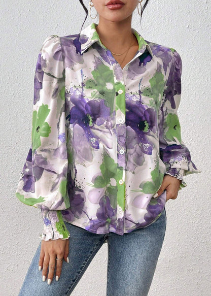 Purple Print Cotton Spring Blouse Peter Pan Collar