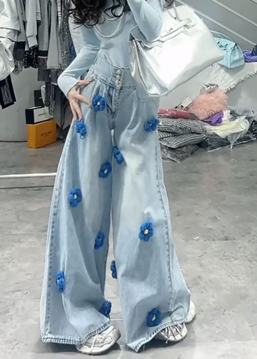 Blue High Waist Decorated Denim Wide Leg Pants Spring