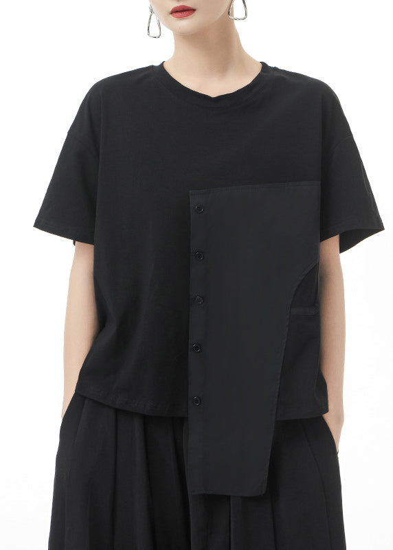 Stylish Black Button O-neck Patchwork Tank Short Sleeve