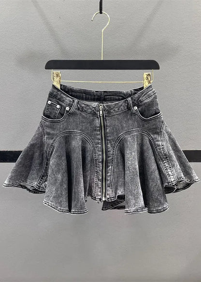 French Blue Ruffled Patchwork Denim Zippered Skirt Summer