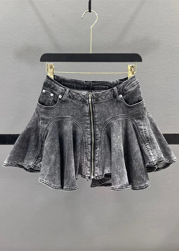 French Blue Ruffled Patchwork Denim Zippered Skirt Summer