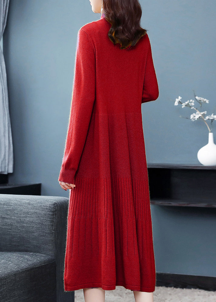 Yellow Patchwork Woolen Dress Embroideried Turtleneck Fall