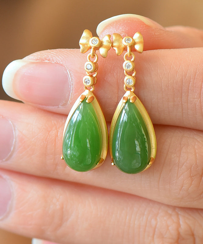 Green Hollow Out Sterling Silver Inlaid Hetian Jade Drop Earrings