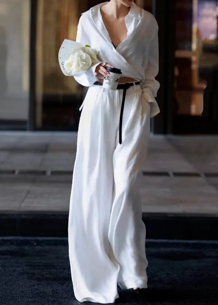 Natural White Peter Pan Collar High Waist Linen Shirts and Pants Two Pieces Set Long Sleeve