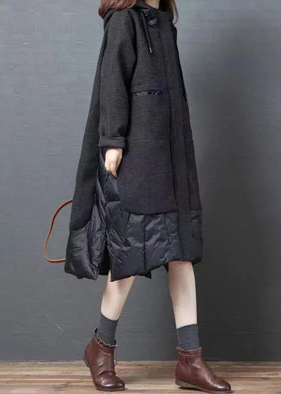 Black Hooded Pockets Patchwork Thick Long Coat Winter