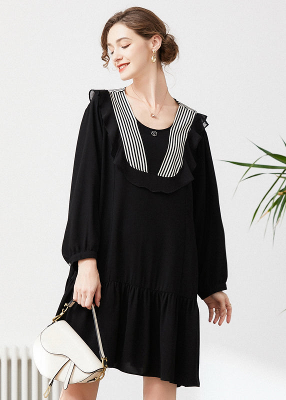 Style Black O-neck Patchwork Ruffles Chiffon Party Dress Spring