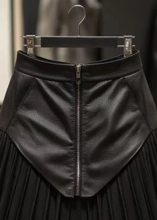 Stylish Black Zippered Wrinkled Patchwork Faux Leather Skirt Summer