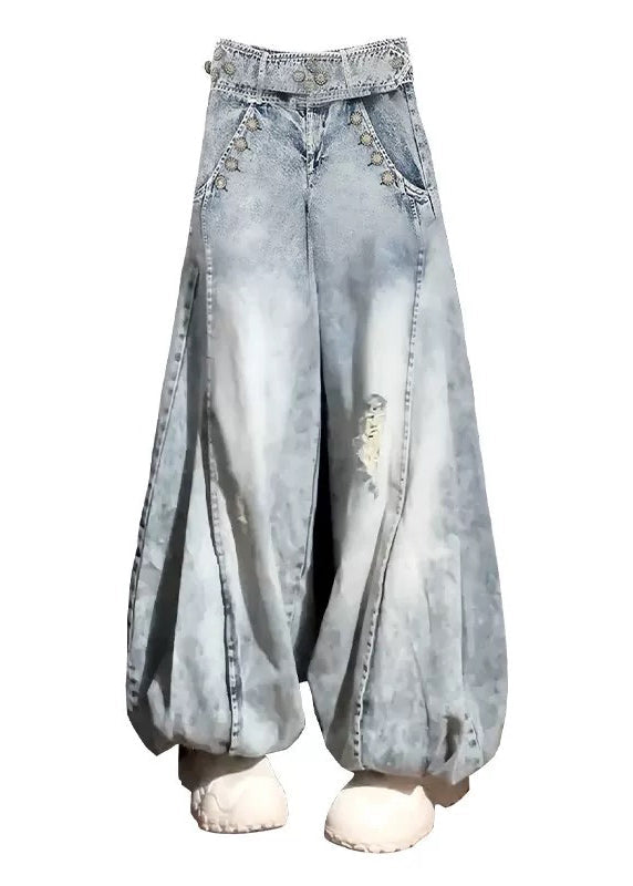 Light Blue High Waist Denim Ripped Jeans Spring