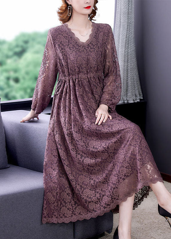 Purple V Neck Cinched Lace Holiday Dress Spring