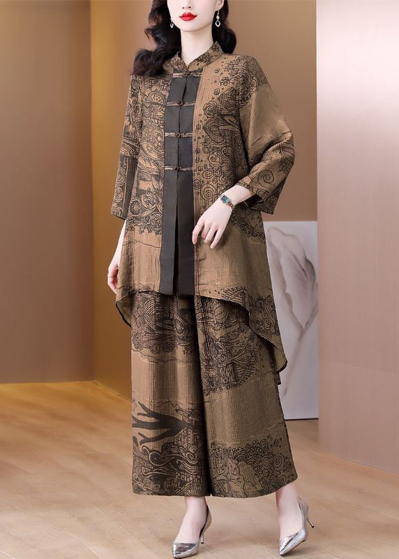 Coffee Print Low High Design Chinese Button Silk Two Pieces Set Spring