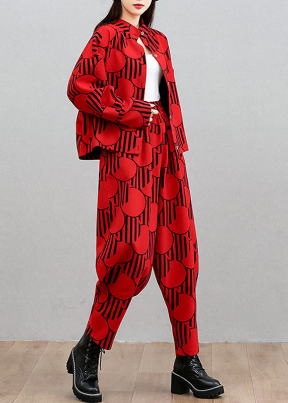 French Red Stand Collar Shirts and Beam Pants Two Pieces Set Long Sleeve Spring