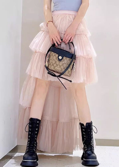 Pink Low High Design High Waist Tulle Skirts Spring