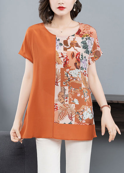 Orange O Neck Print Patchwork Silk T Shirt Tops Summer
