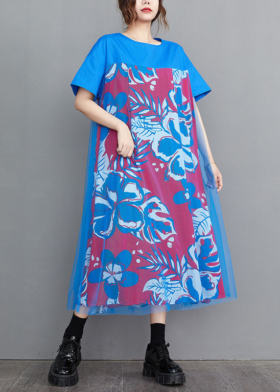 Handmade Blue O-neck Tulle Patchwork Print Cotton a Line Dress Short Sleeve
