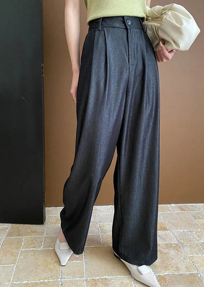 Black Pockets Cotton Wide Leg Pants Summer