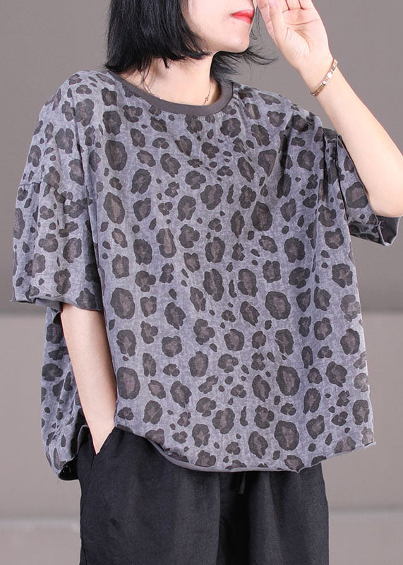 Modern Grey O-neck Oversized Leopard Print Cotton Tank Tops Short Sleeve