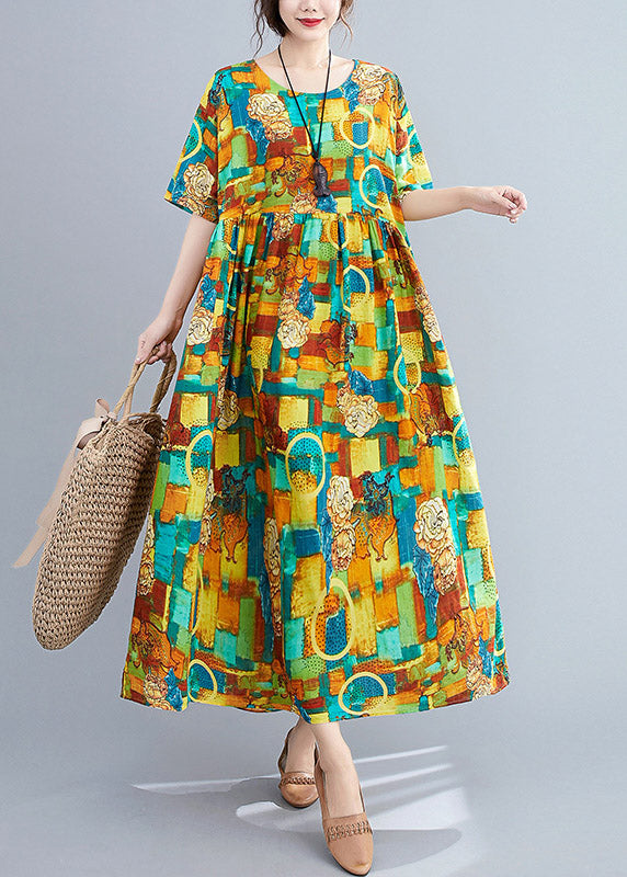 Green O-neck Print Wrinkled Party Dress Short Sleeve