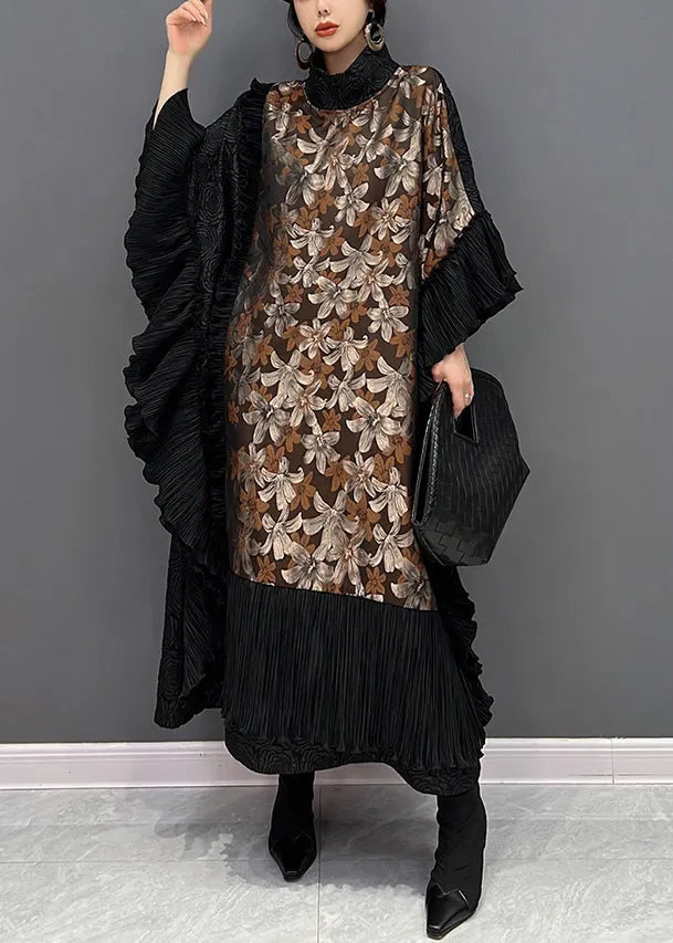 Vogue Black O-neck Ruffles Print Long Dresses Batwing Sleeve