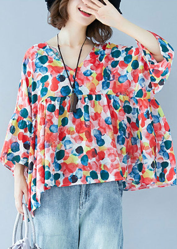 Red V Neck Dot Print Patchwork Wrinkled Chiffon Blouses Short Sleeve