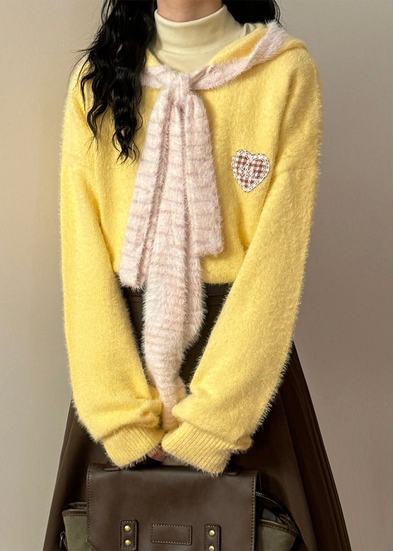 Yellow Hooded Lace Up Patchwork Knit Sweater Spring