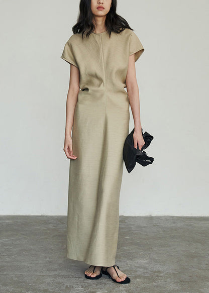 Classy Khaki O Neck Slim Fit Cotton Long Dresses Summer
