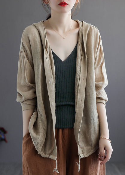 Lus Size Khaki Hooded Button Drawstring Cotton Coat Fall