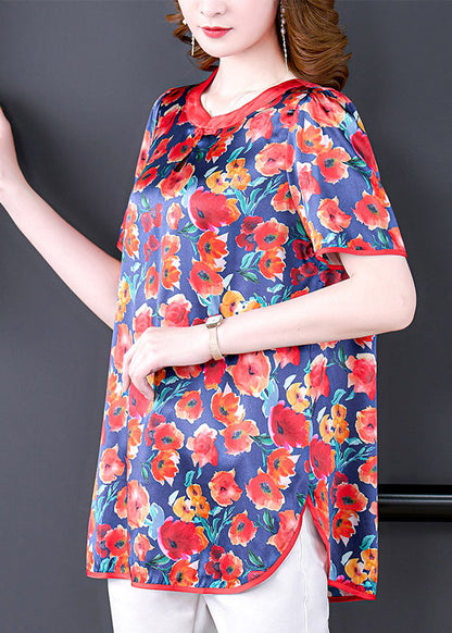 Boutique Red O-neck Oriental Button Print Silk Tank Short Sleeve