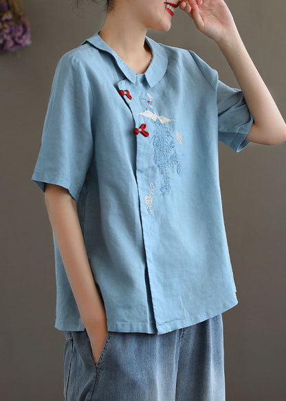 Blue Oriental Linen Shirts Button Short Sleeve