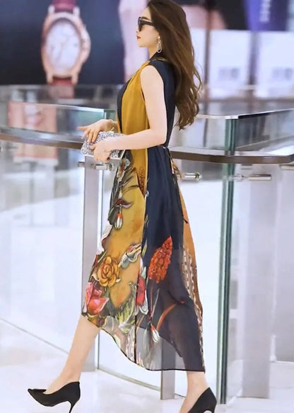 Colorblock Bow Collar Tie Waist Print Chiffon Beach Dress and Spaghetti Strap Dress Two Pieces Set Sleeveless