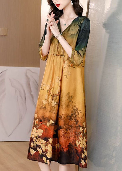 Khaki V Neck Tie Dye Print Silk Maxi Dresses Half Sleeve
