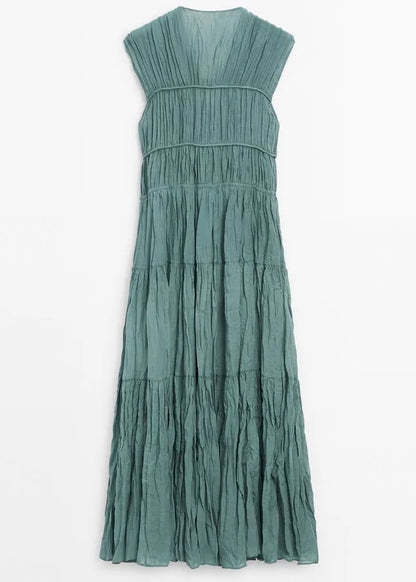 Blue V Neck Wrinkled Lace Up Cotton Long Dresses Summer