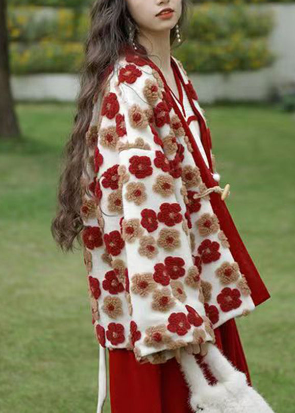French Red V Neck Warm Coat Winter