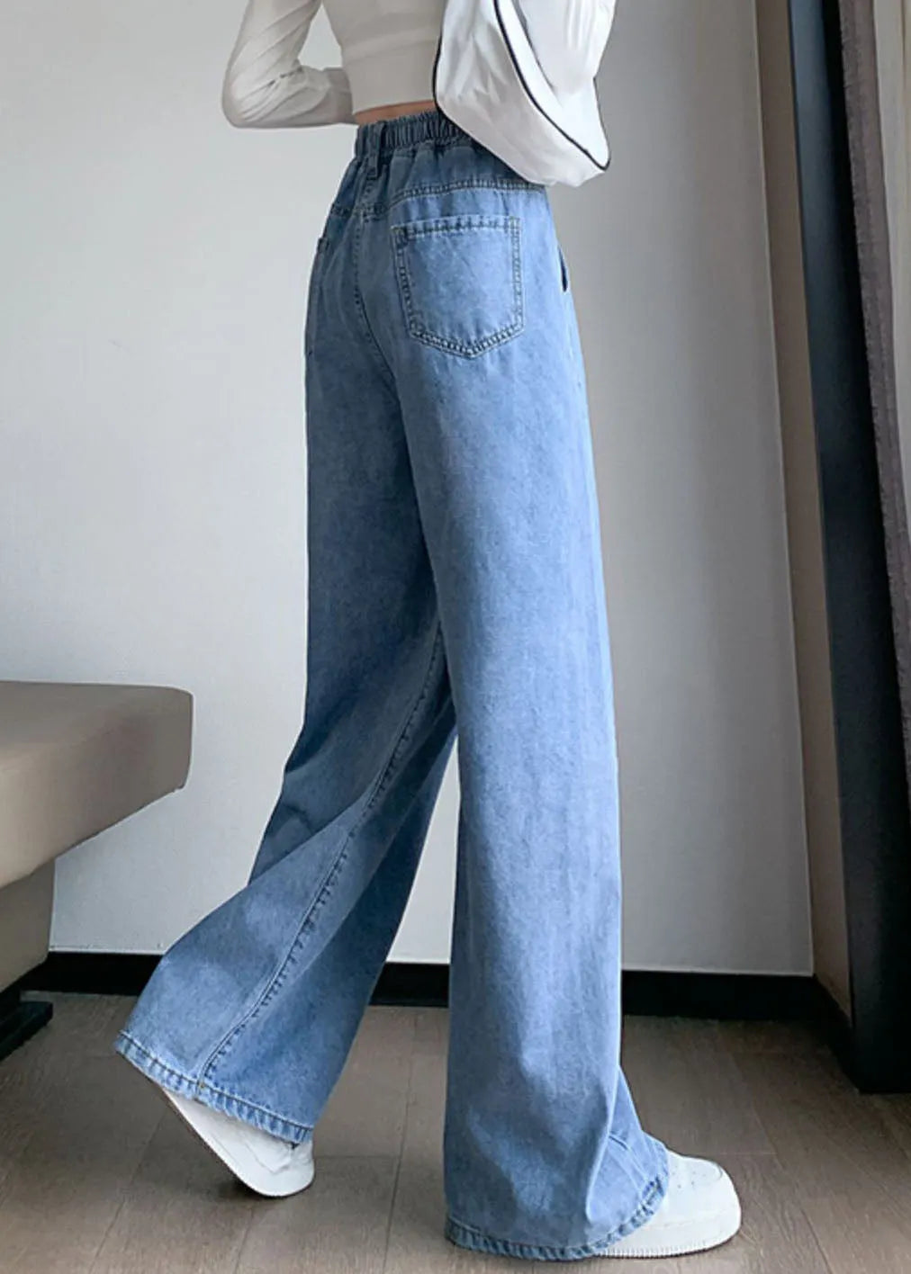 Blue Original Design Elastic Waist Pockets Cotton Denim Wide Leg Pants Summer