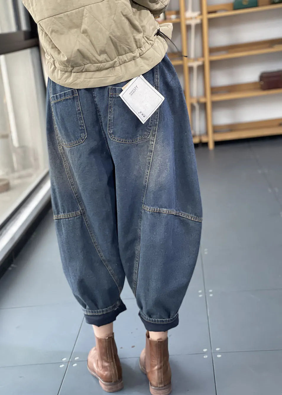 Denim Blue Elastic Waist Oversized Patchwork Cotton Harem Pants Fall