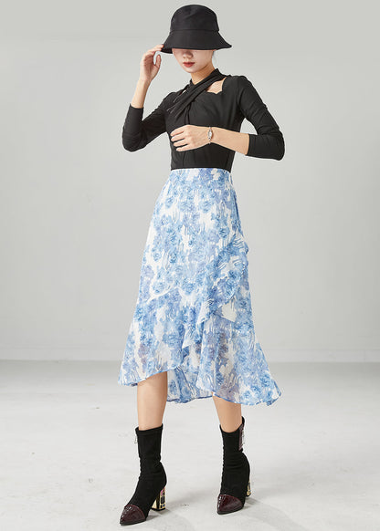 Light Blue Asymmetrical Print Chiffon Skirt Summer