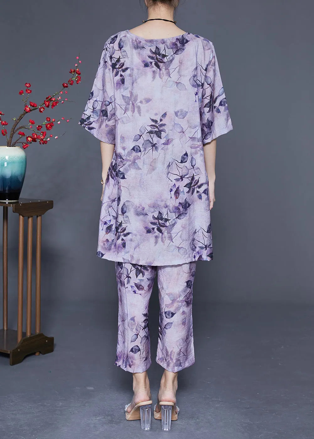 Handmade Purple O-neck Oversized Print Linen Silk Two-piece Set Summer