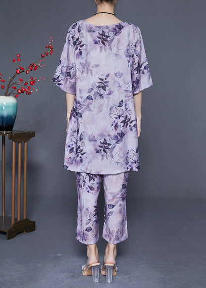 Handmade Purple O-neck Oversized Print Linen Silk Two-piece Set Summer