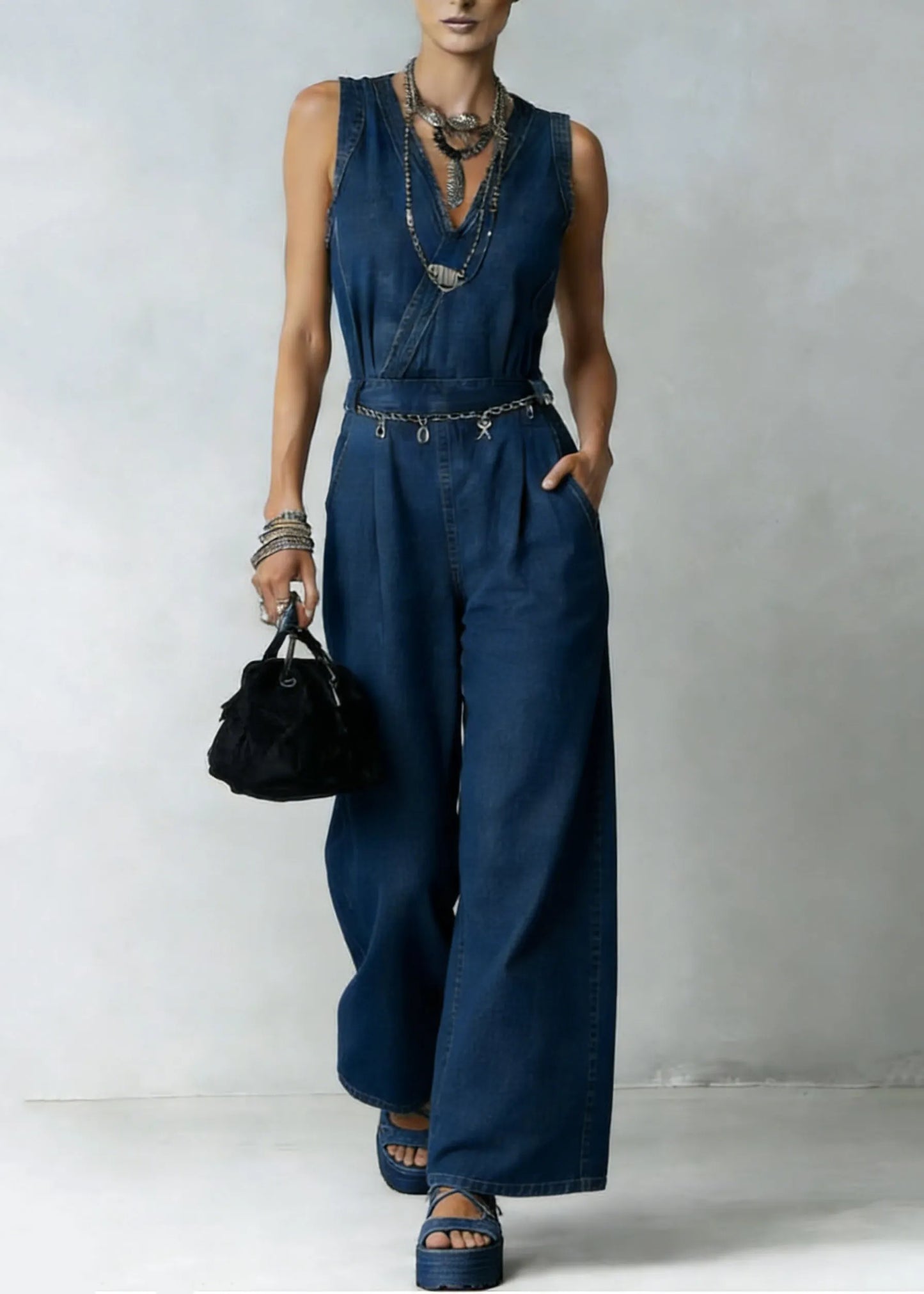 Unique Blue V Neck High Waist Denim Jumpsuit Sleeveless